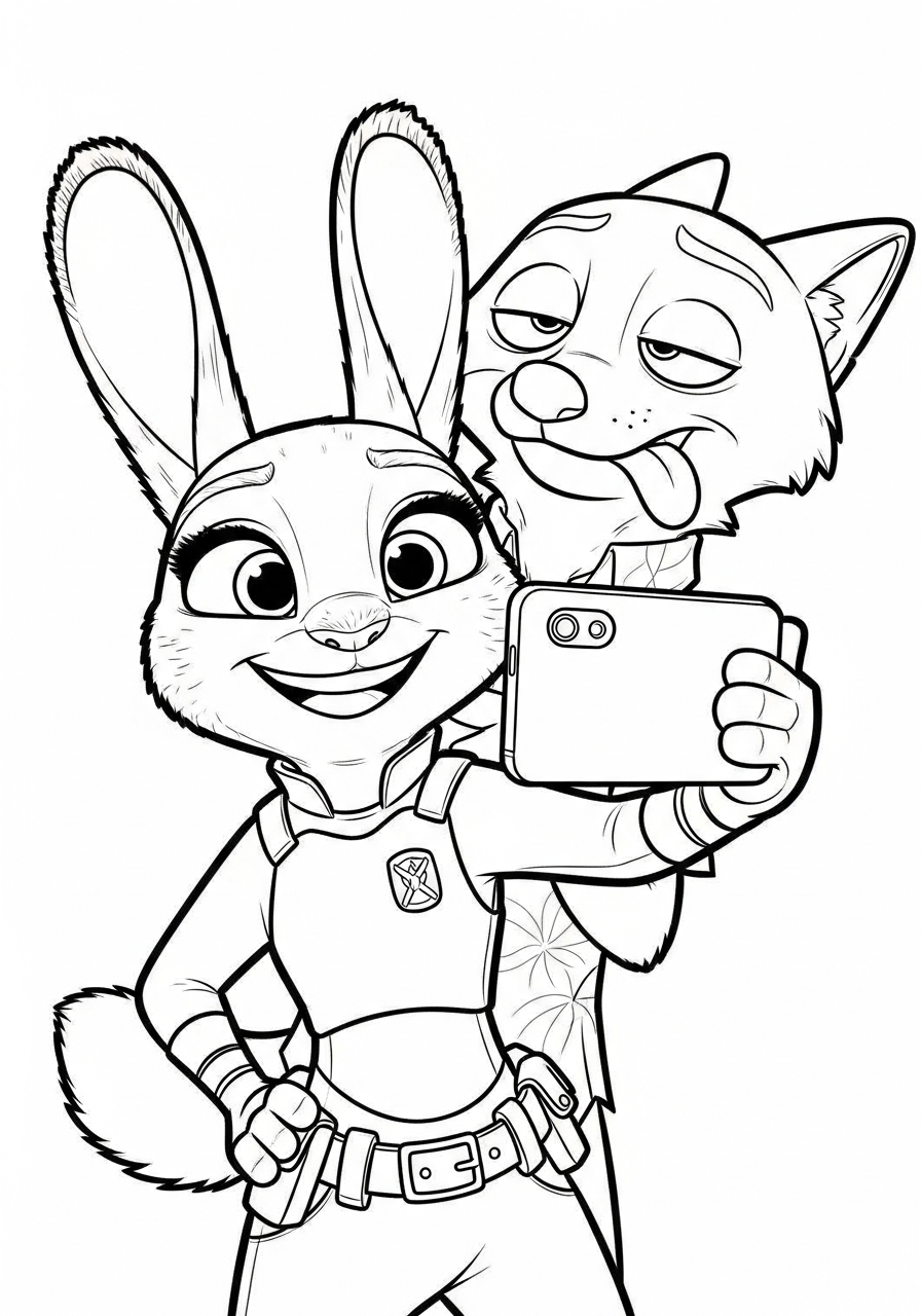 Funny Judy and Nick selfie coloring page