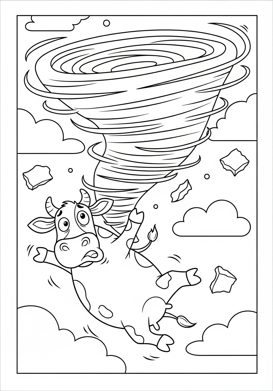 Funny cartoon cow in tornado coloring page