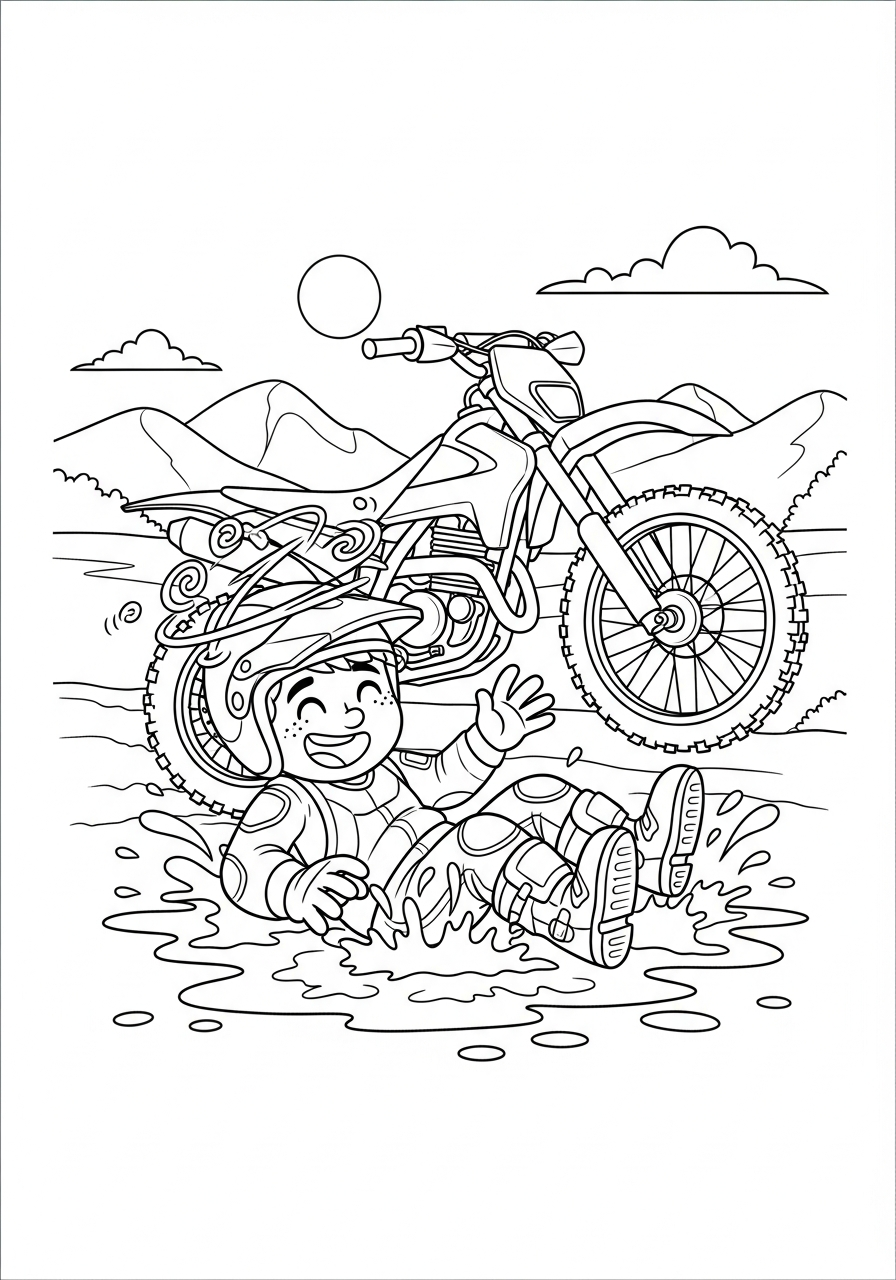 Dirt Bike Coloring Pages 22 Funny cartoon rider crashes in mud coloring page
