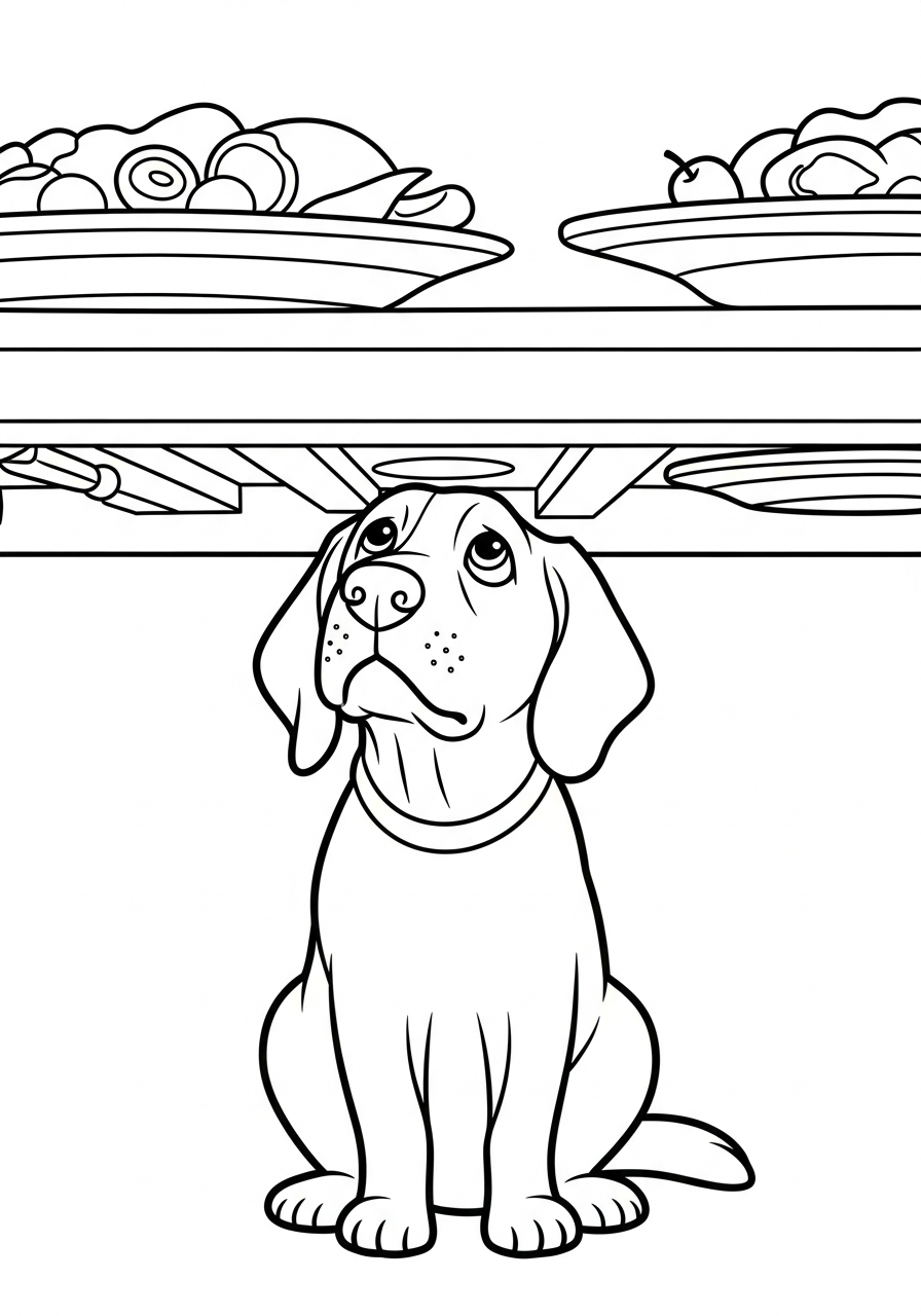 Thanksgiving Coloring Pages 9 Funny dog under the dinner table coloring page