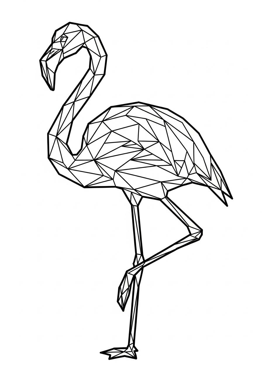 Geometric low-poly flamingo design coloring page