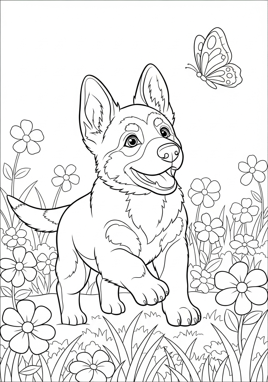 German Shepherd chasing butterfly coloring page