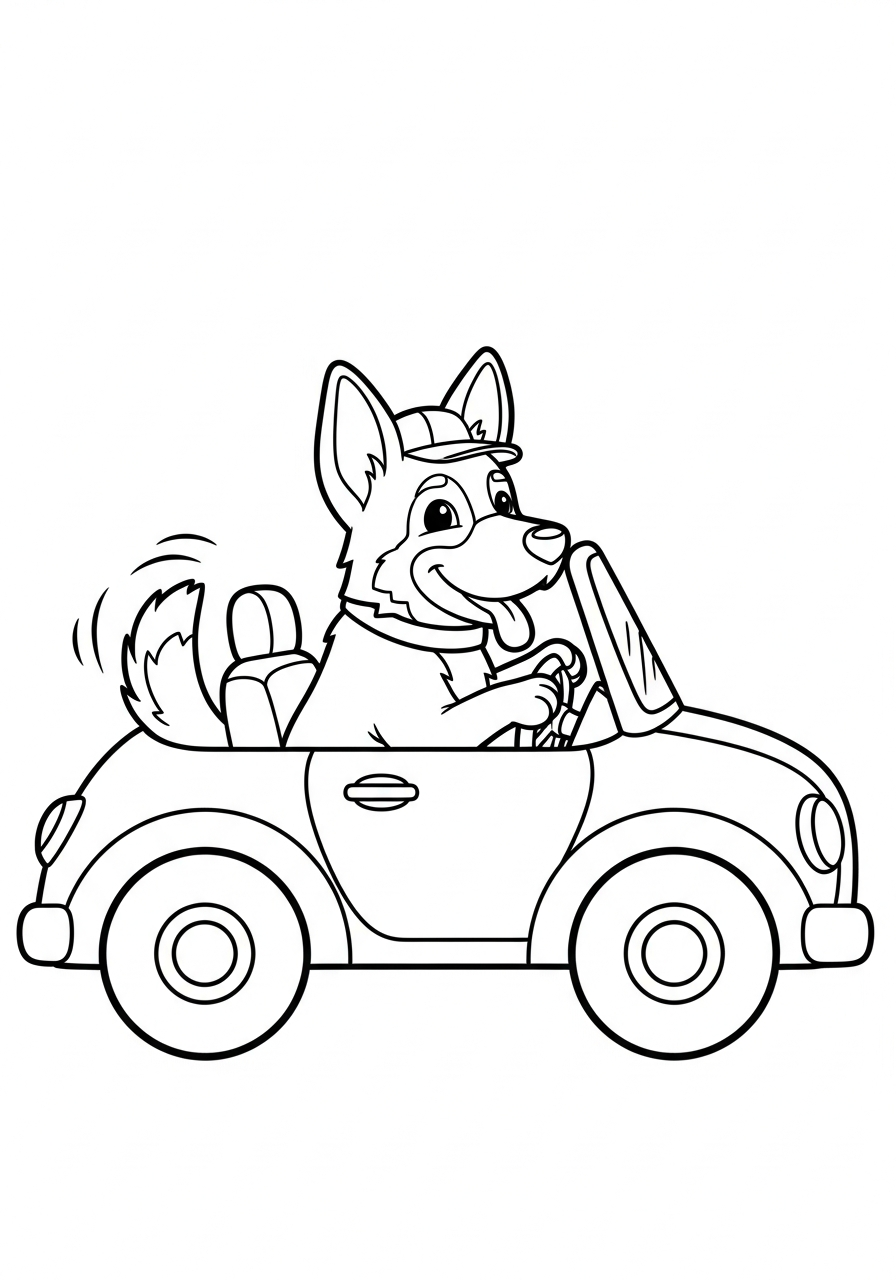 German Shepherd driving cartoon car coloring page