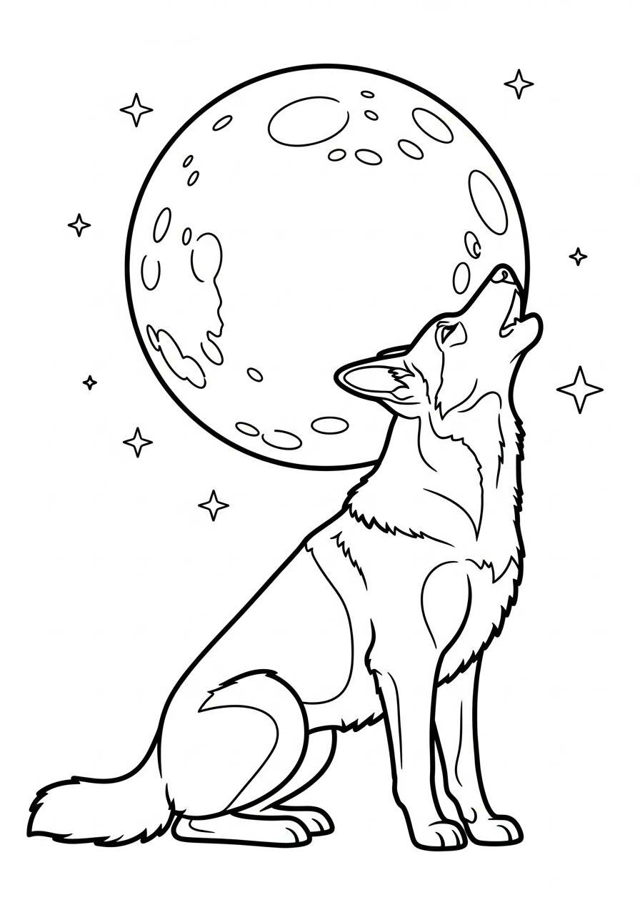 German Shepherd howling at moon coloring page