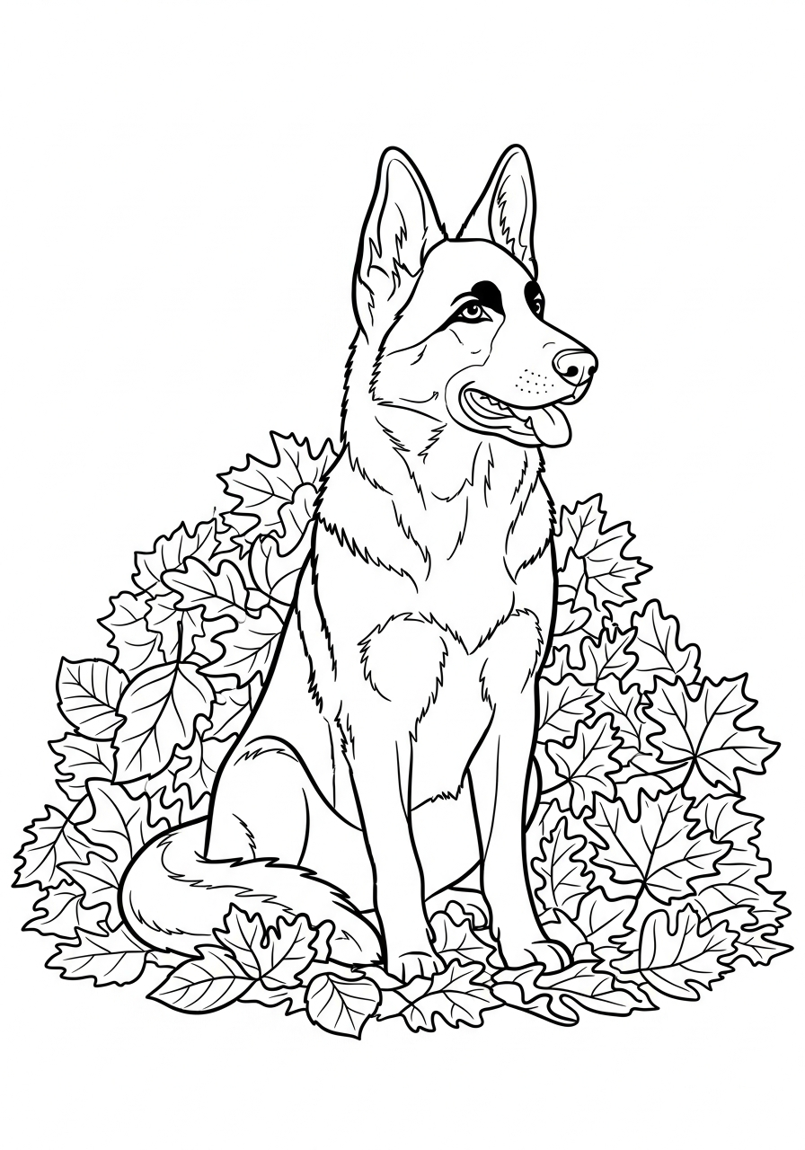German Shepherd in autumn leaves coloring page