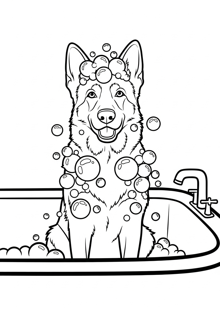 German Shepherd in bubble bath coloring page