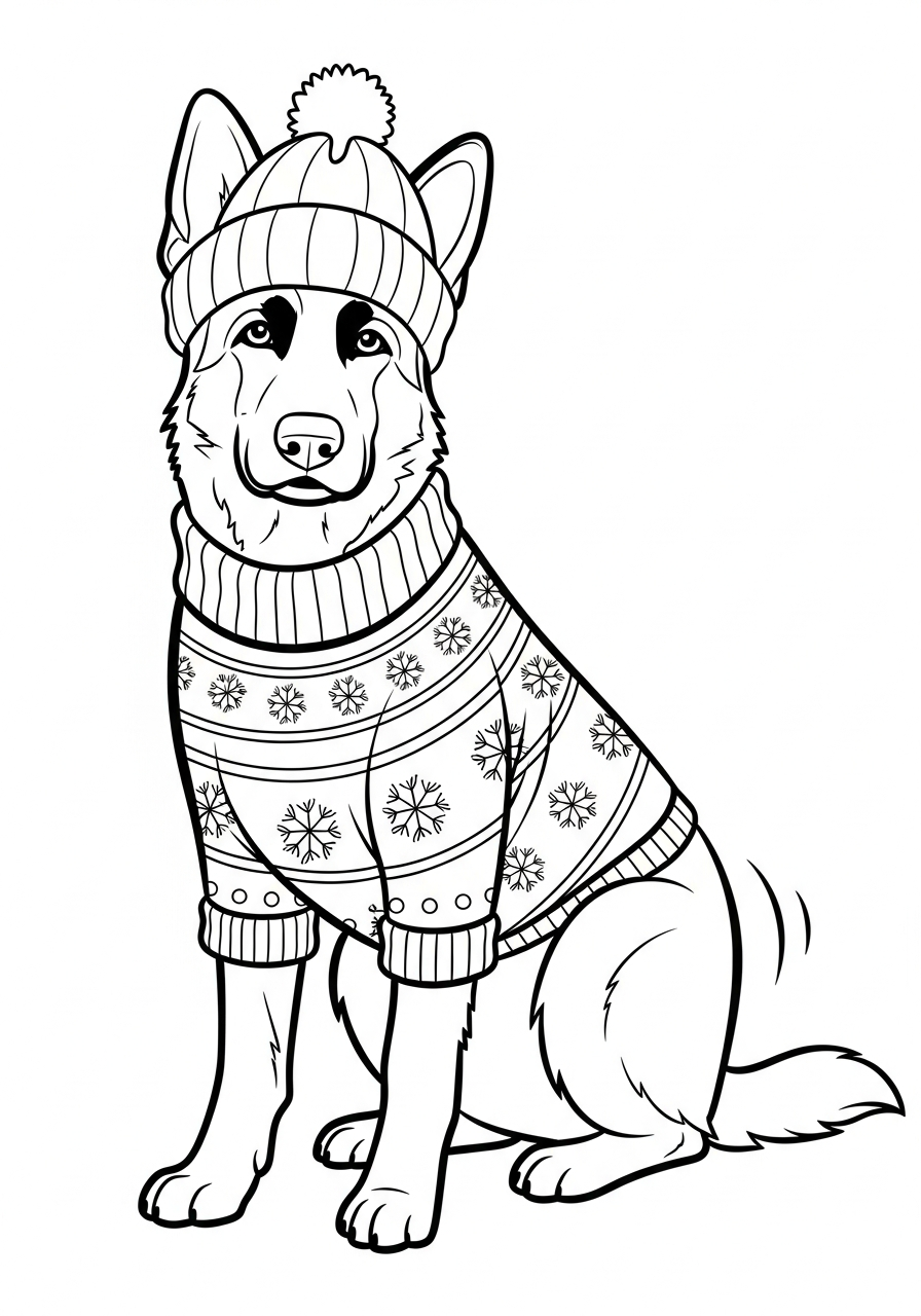 German Shepherd in winter sweater coloring page