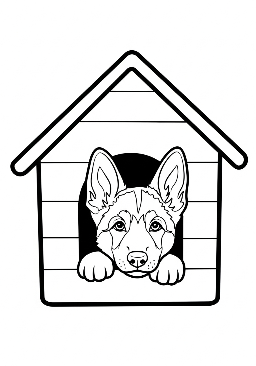 German Shepherd puppy in doghouse coloring page
