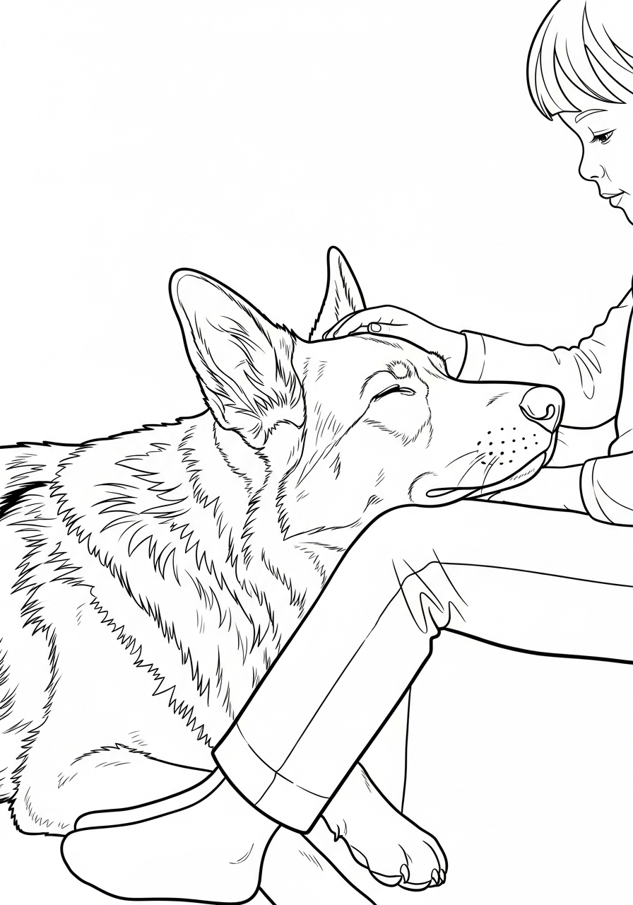 German Shepherd rests on lap coloring page