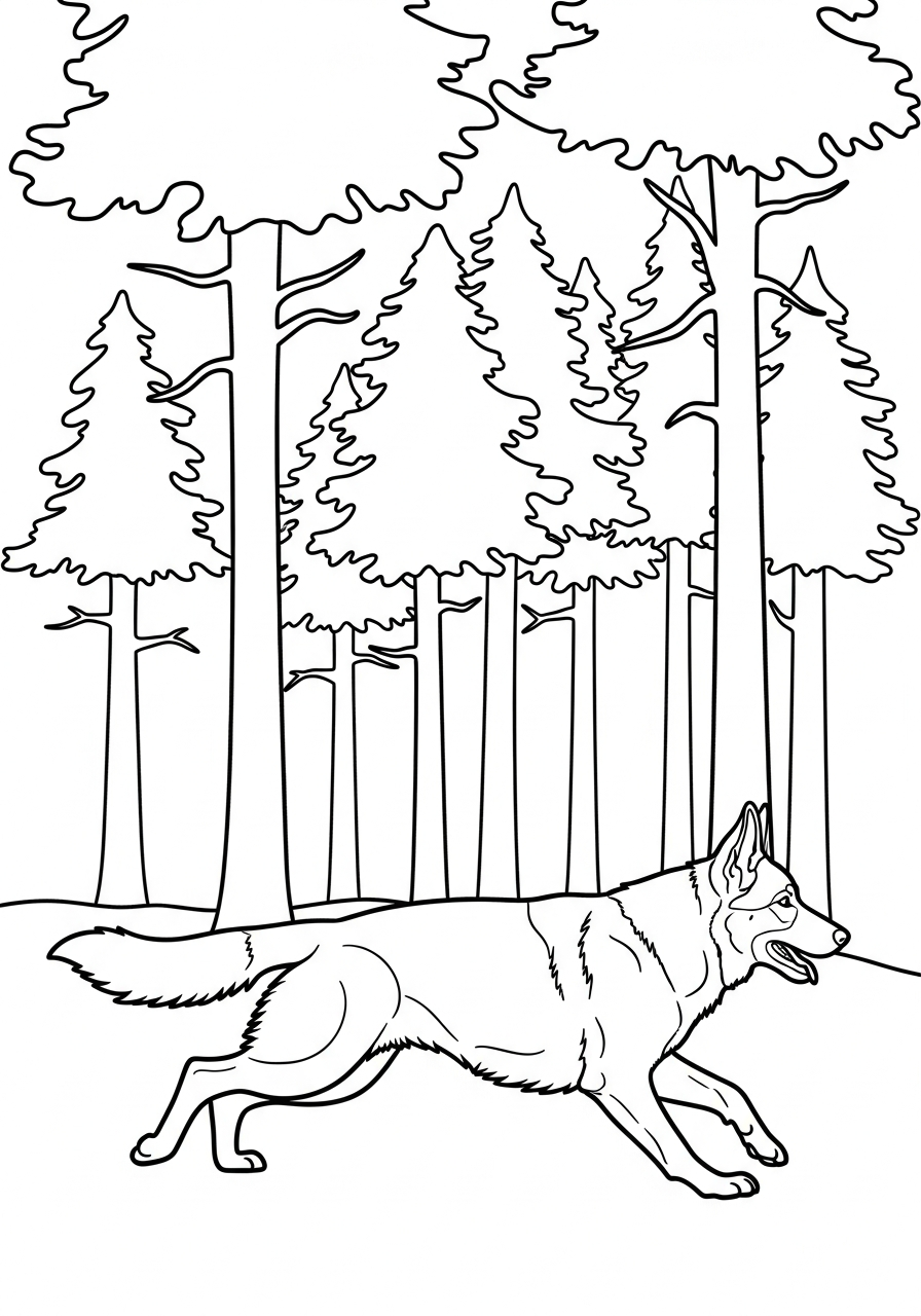 German Shepherd running in forest coloring page