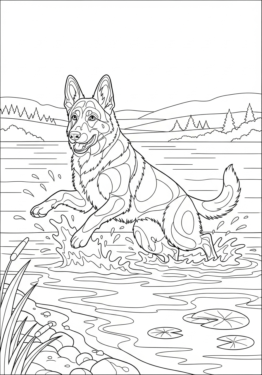German Shepherd splashing in water coloring page