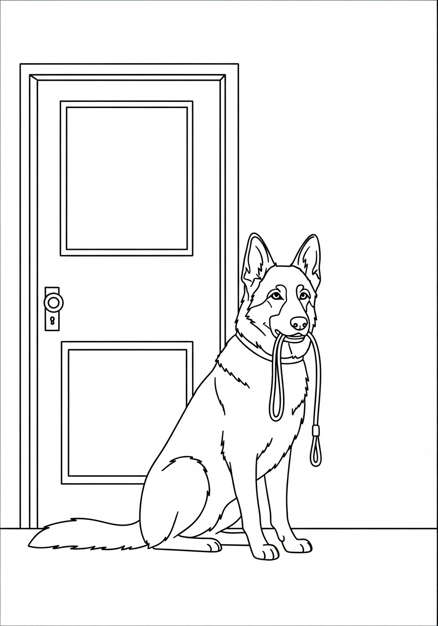 German Shepherd with leash by door coloring page
