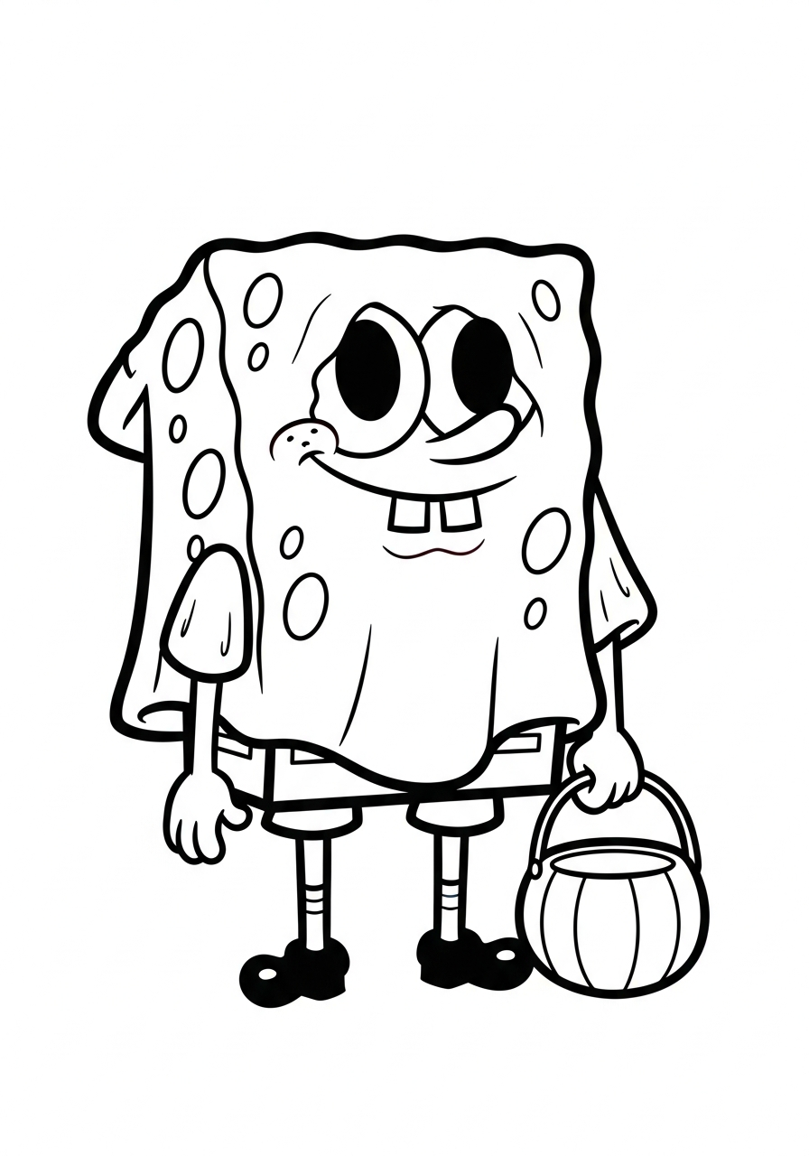 Ghost Spongebob holding Halloween pumpkin coloring page