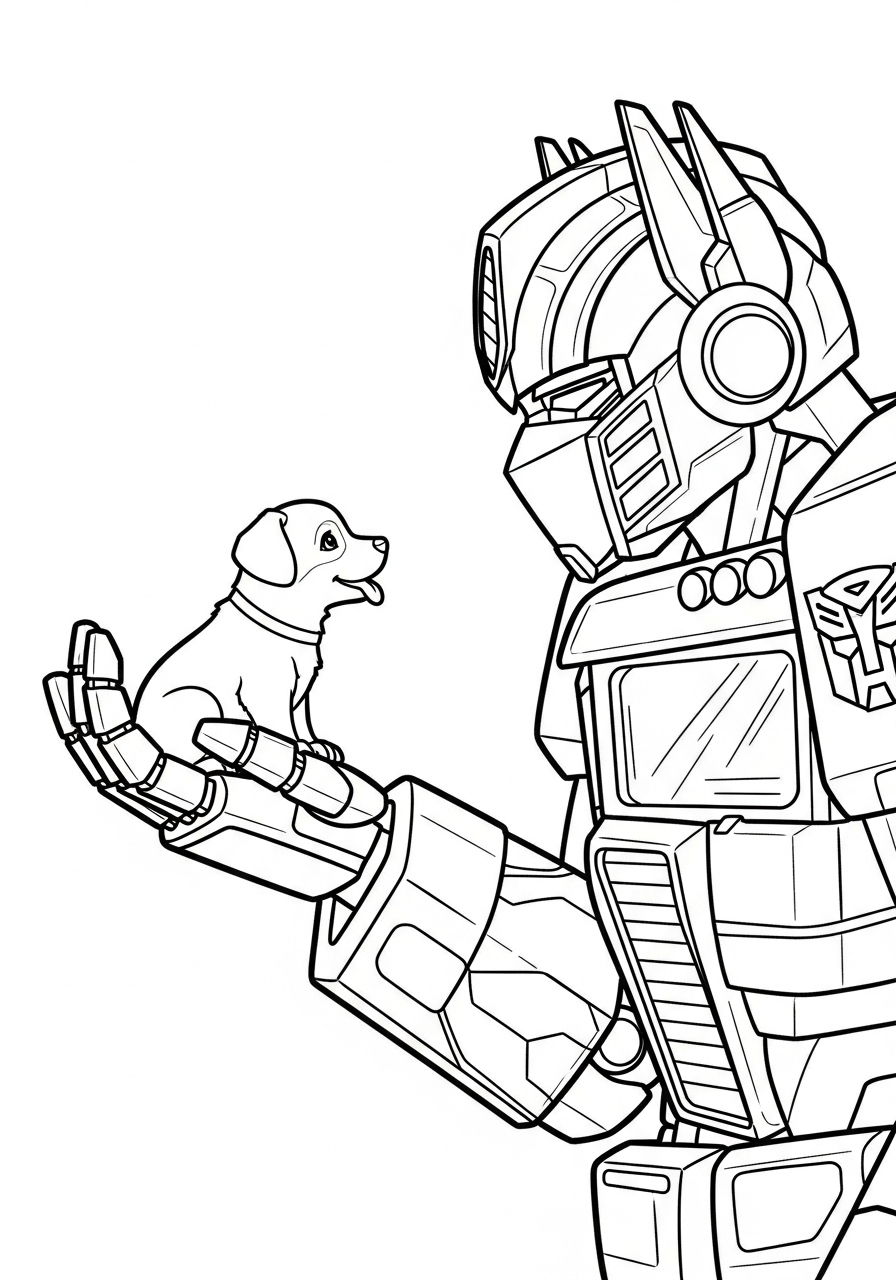 Optimus Prime Coloring Pages 8 Giant Optimus Prime petting small puppy coloring page