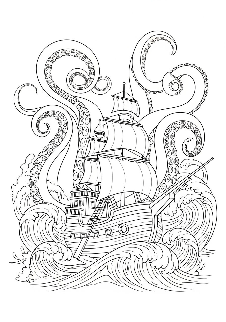 Giant kraken attacking ship coloring page