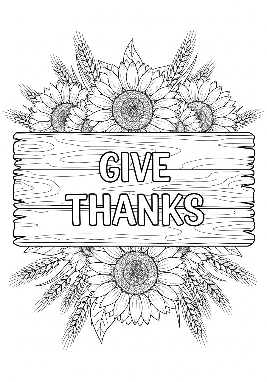 Thanksgiving Coloring Pages 10 Give Thanks rustic banner with sunflowers coloring page