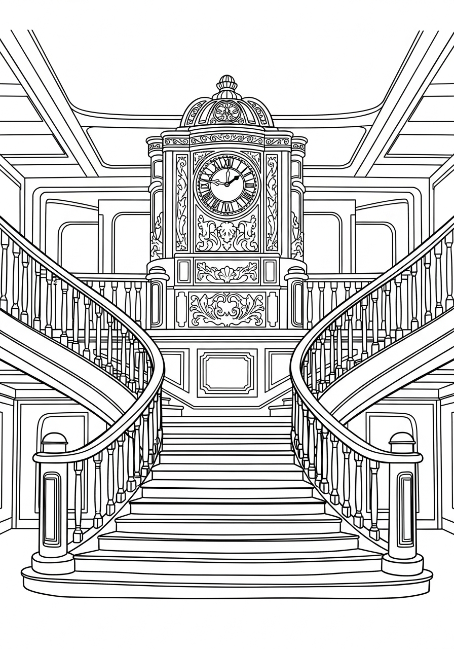 Grand ornate staircase inside Titanic coloring page