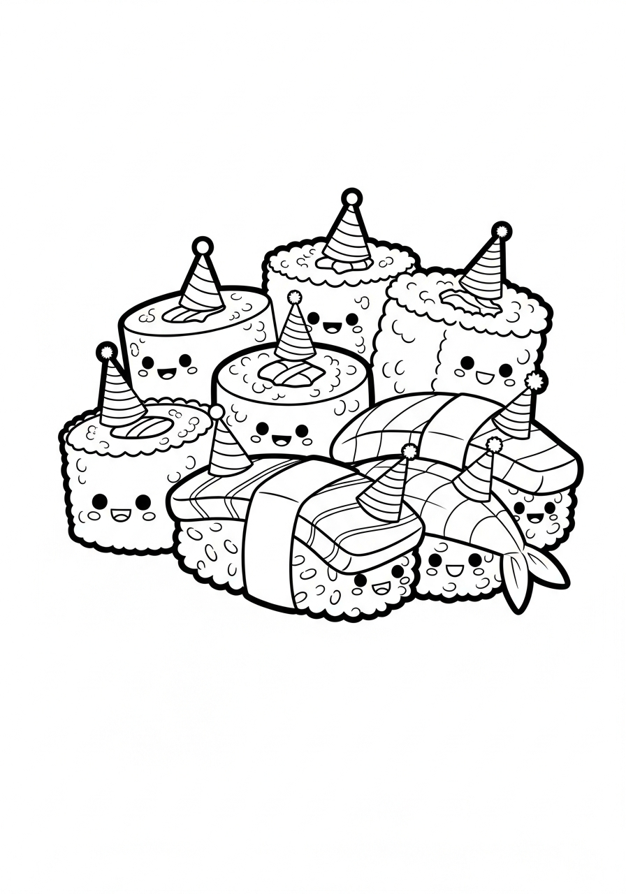 Group of sushi with party hats coloring page