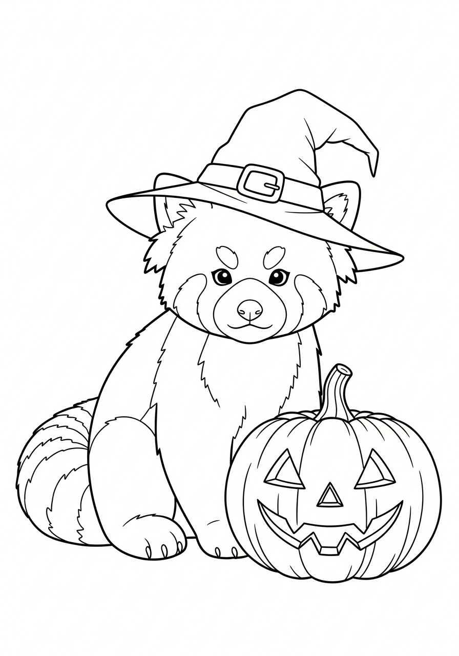 Halloween witch red panda coloring page
