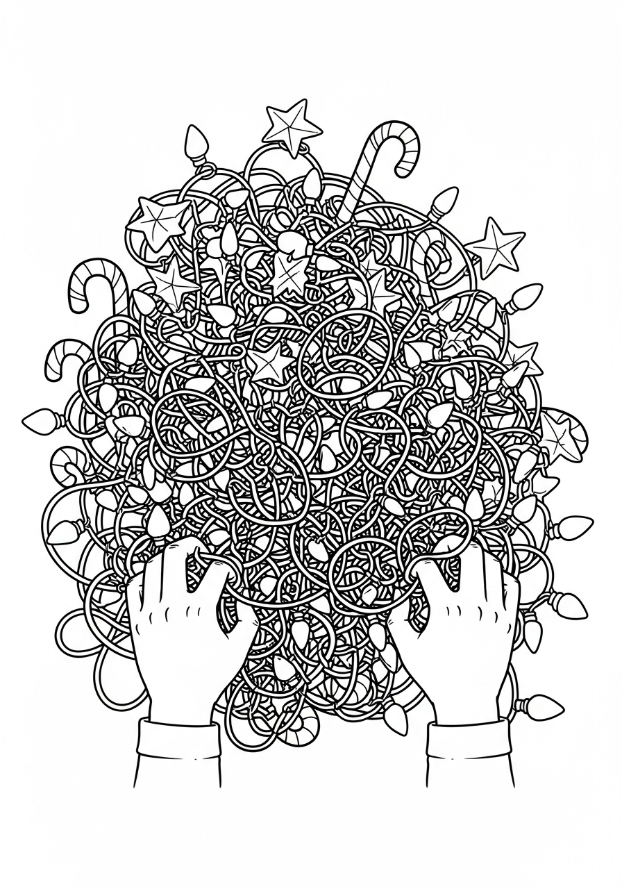 Christmas Light Coloring Pages 12 Hands untangling messy light knot coloring page