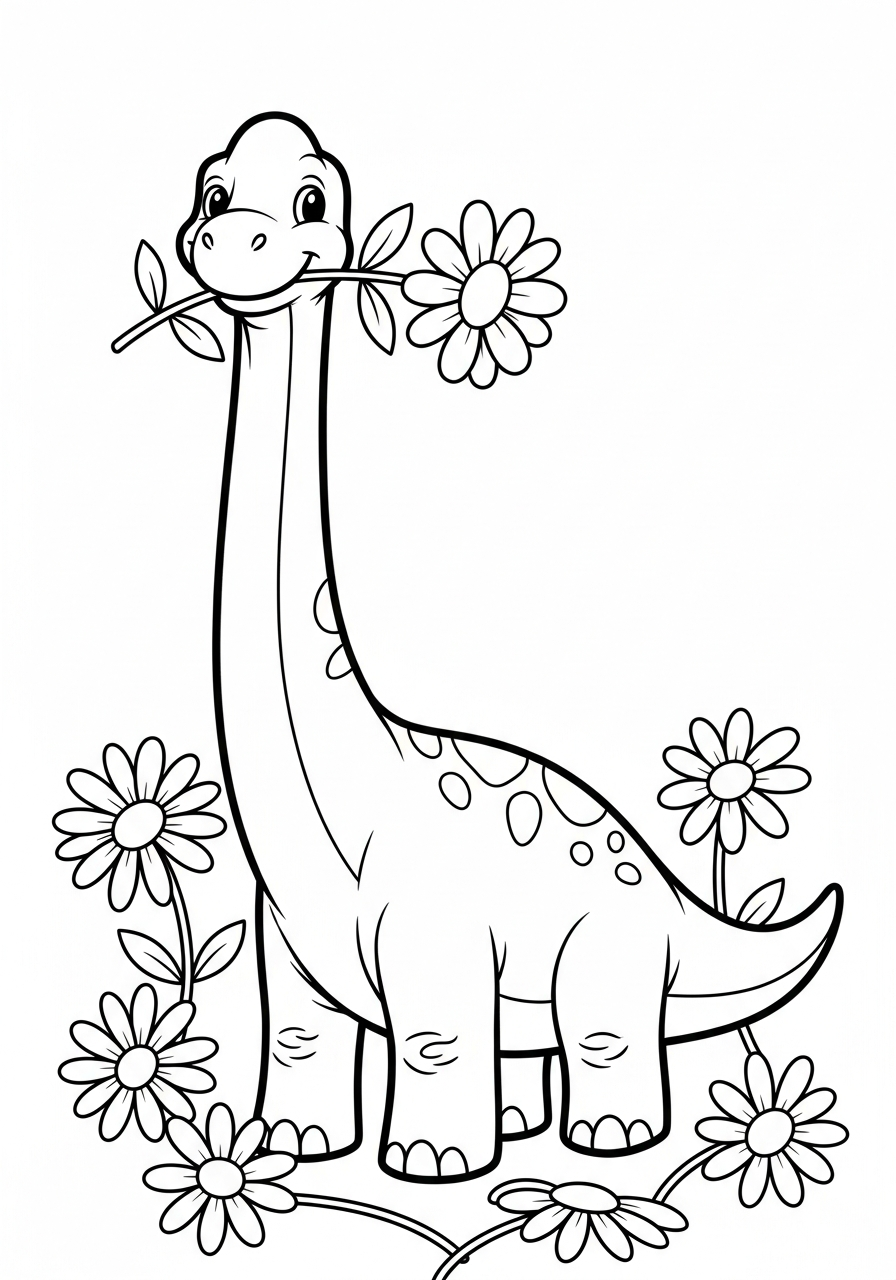 Brachiosaurus Coloring Pages 19 Happy Brachiosaurus holding flower in mouth coloring page