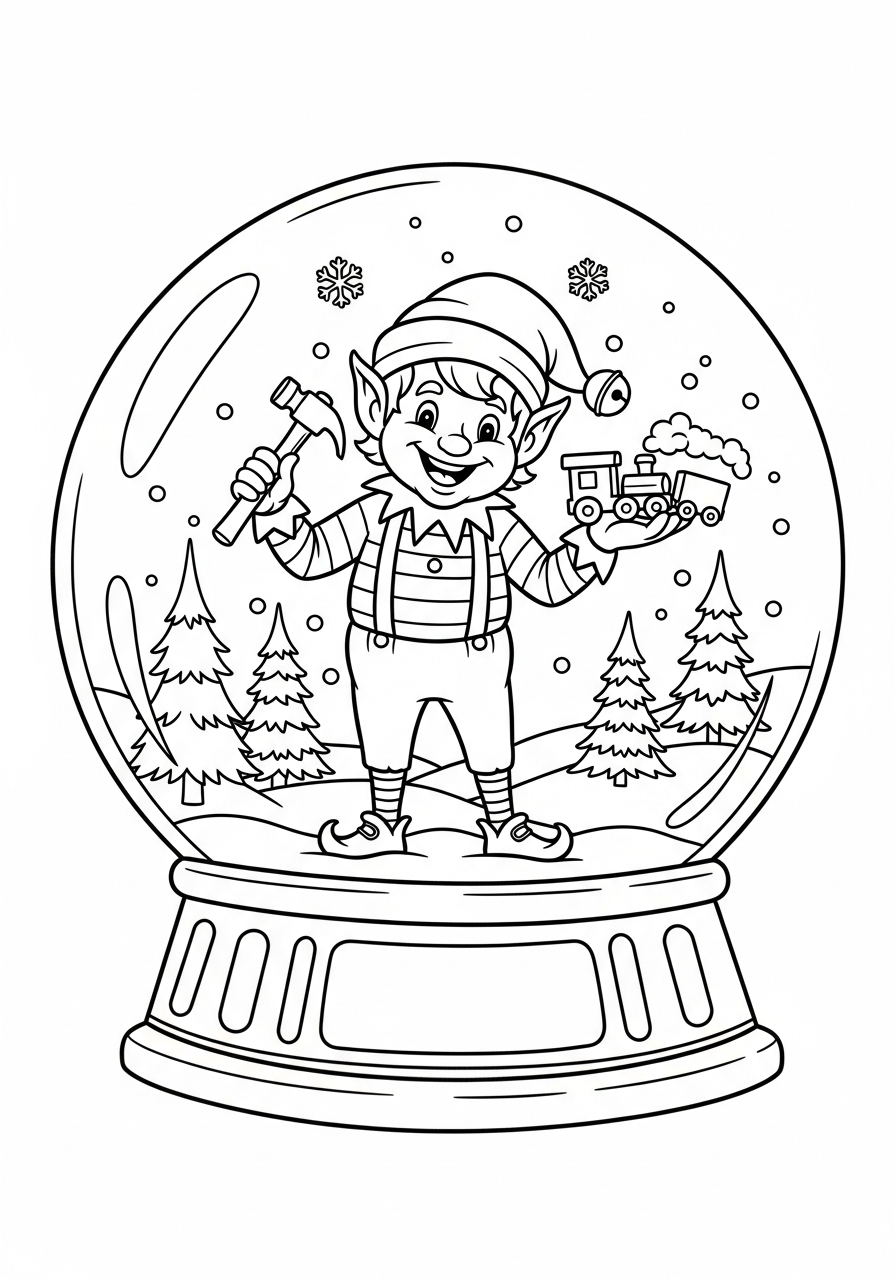 Happy Christmas elf snow globe coloring page