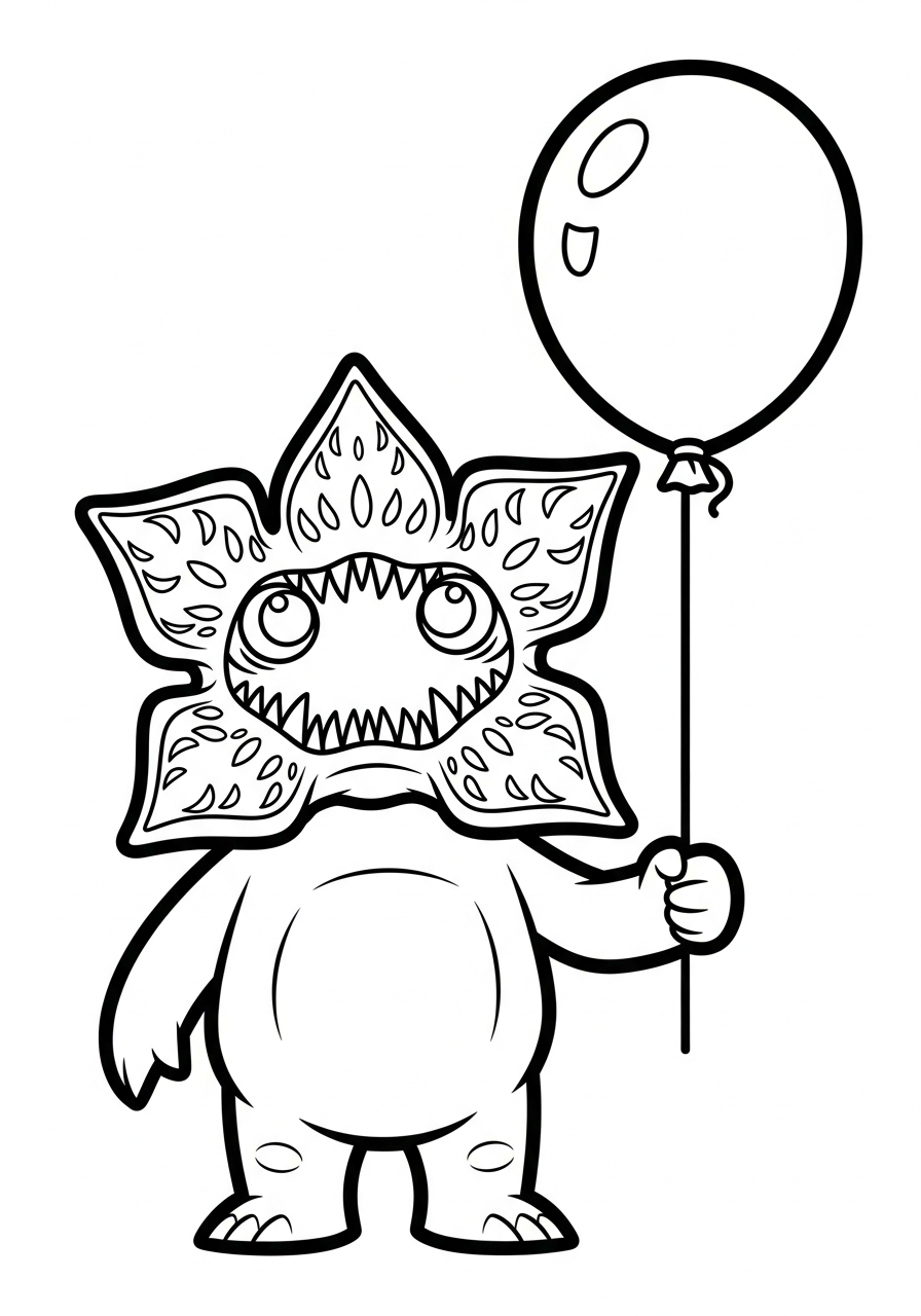 Happy Demogorgon holding a balloon coloring page