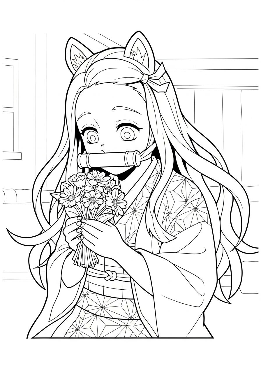 Nezuko Coloring Pages 10 Happy Nezuko looking at flowers coloring page