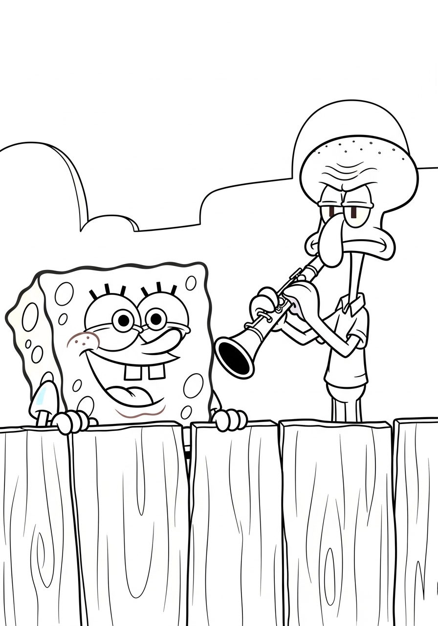 Happy Spongebob annoying grumpy Squidward coloring page