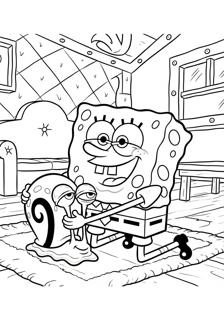 Happy Spongebob hugging Gary the snail coloring page