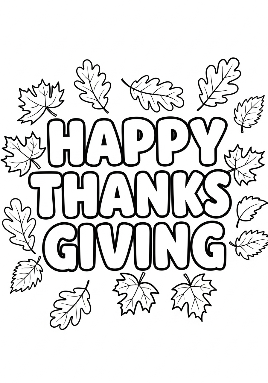 Thanksgiving Coloring Pages 11 Happy Thanksgiving bubble letters with leaves coloring page