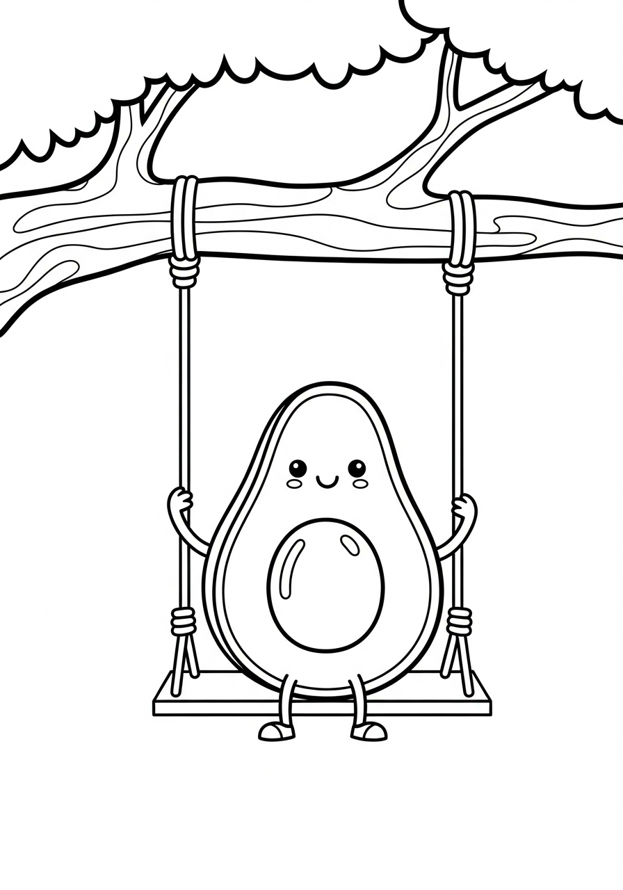 Happy avocado on a tree swing coloring page