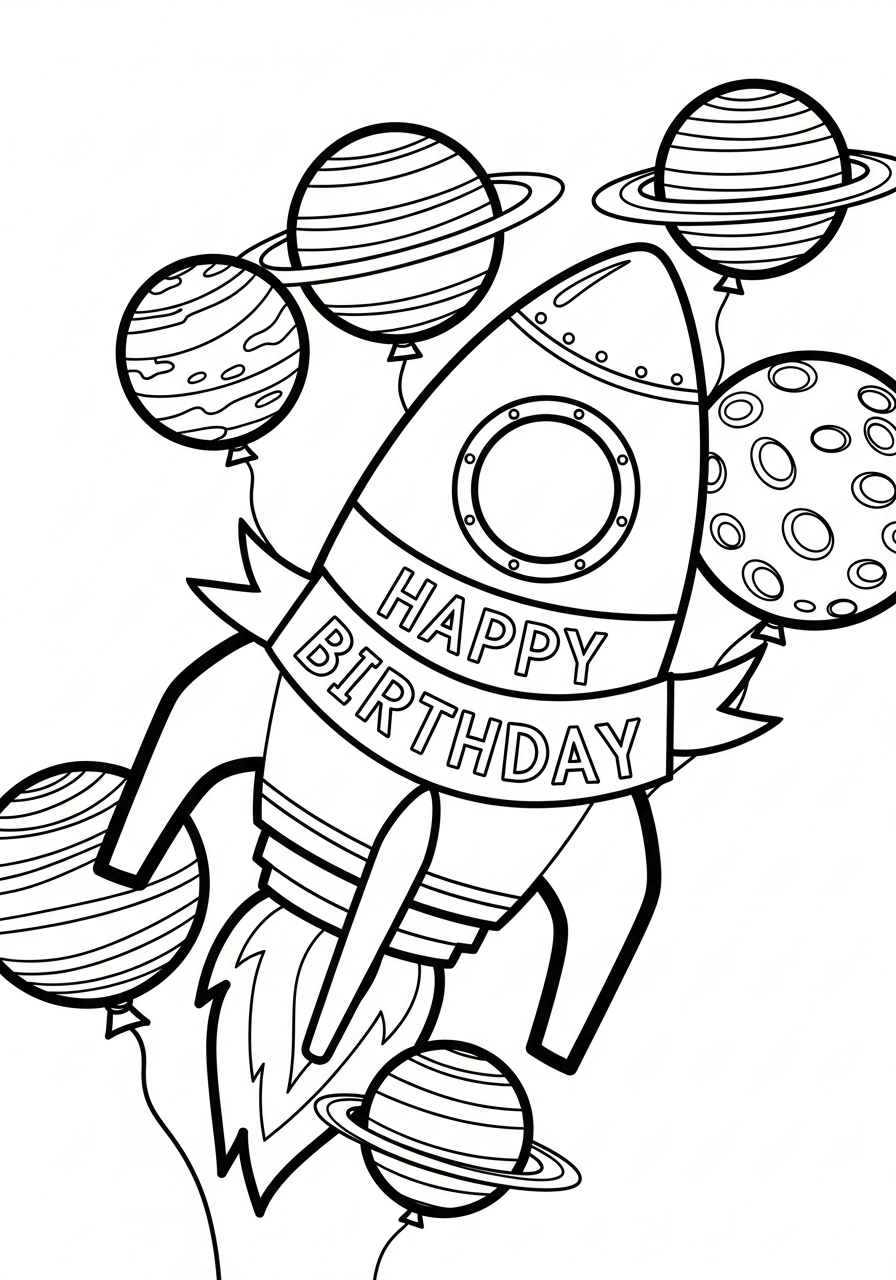Rocket Ship Coloring Pages 6 Happy birthday rocket with planets coloring page