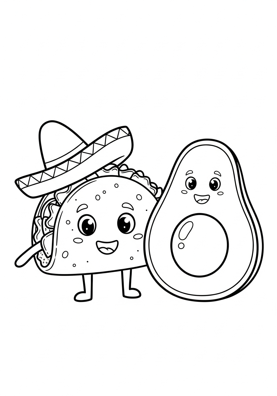 Happy cartoon taco and avocado coloring page