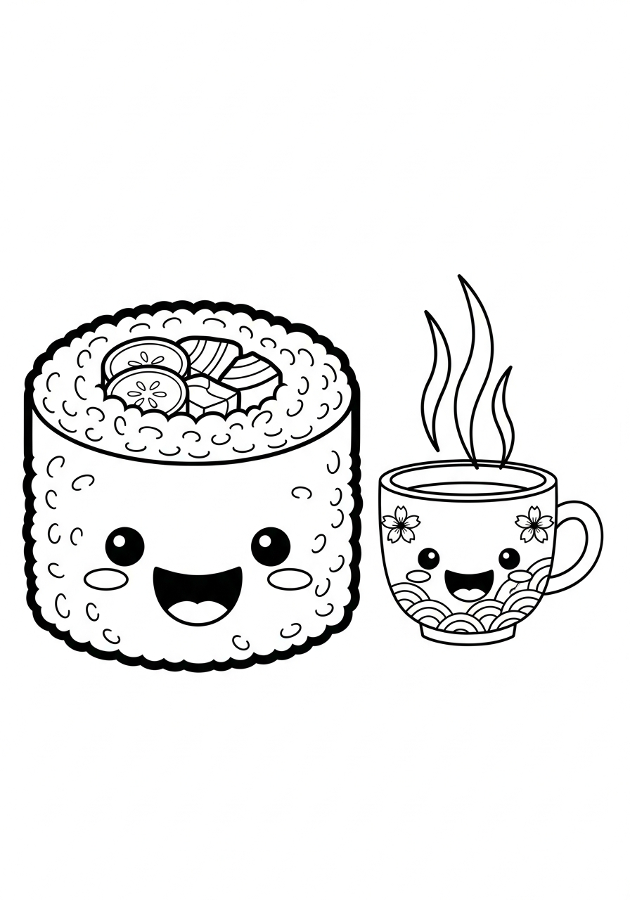 Happy maki and green tea coloring page
