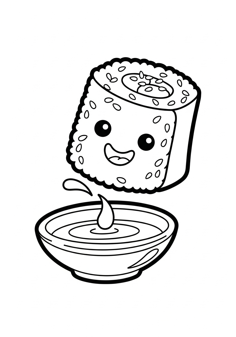Happy maki dipping in soy coloring page