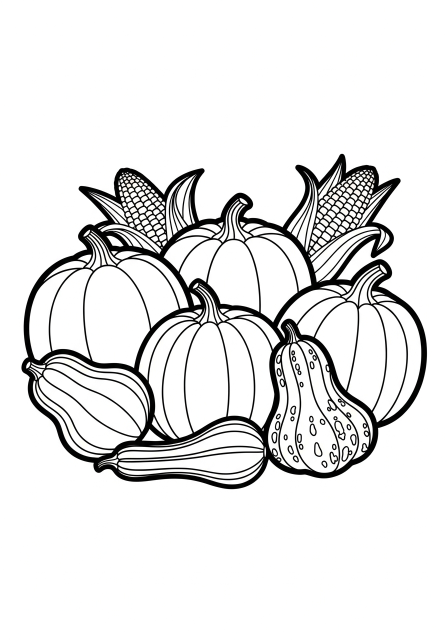 Thanksgiving Coloring Pages 13 Harvest pile of pumpkins and corn coloring page