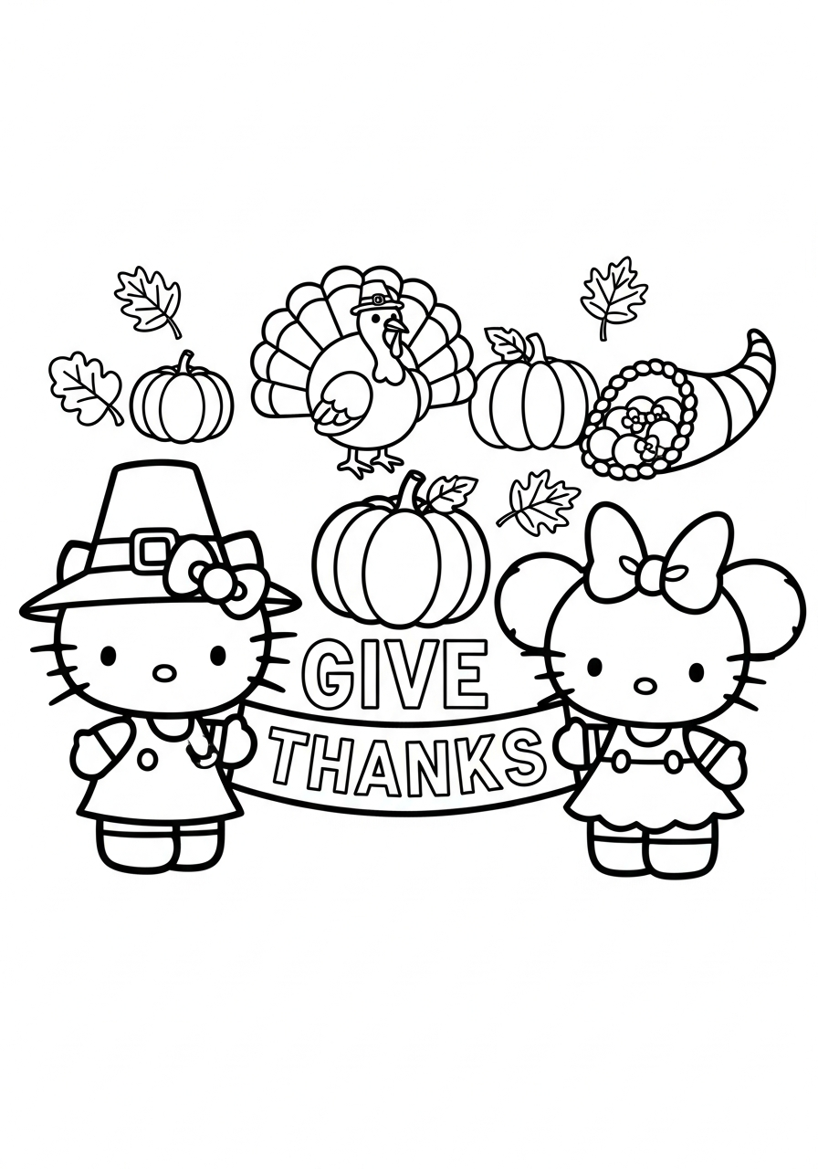 Hello Kitty and Mimmy GIVE THANKS coloring page