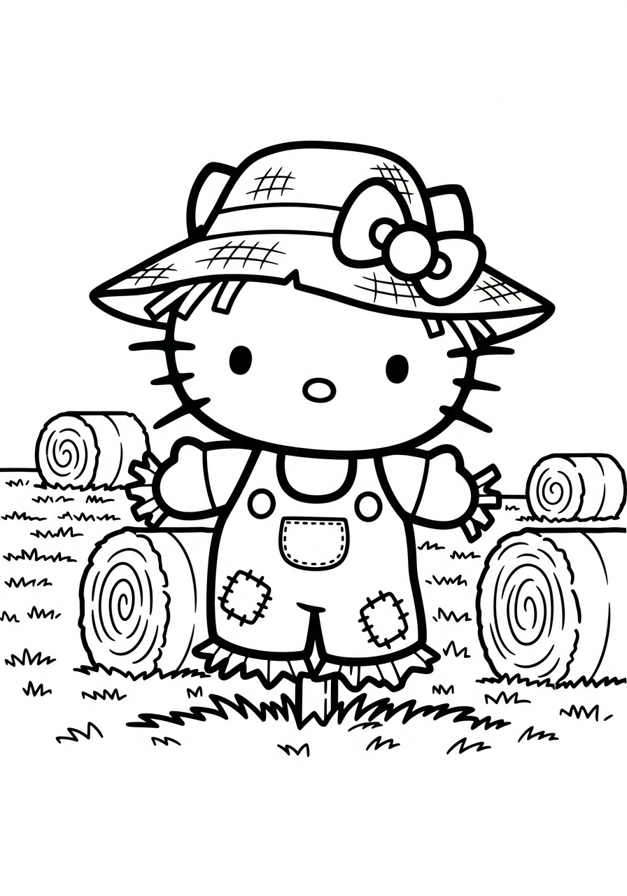 Hello Kitty as cute scarecrow coloring page