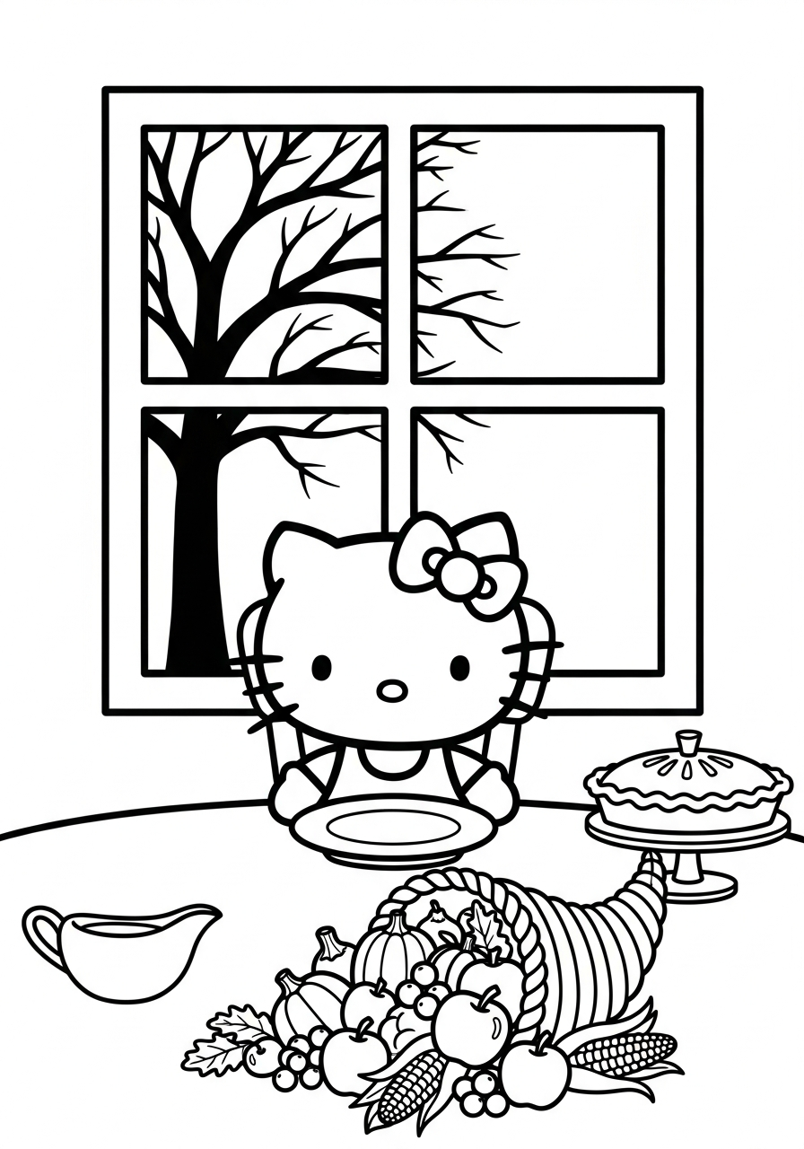 Hello Kitty at Thanksgiving table coloring page