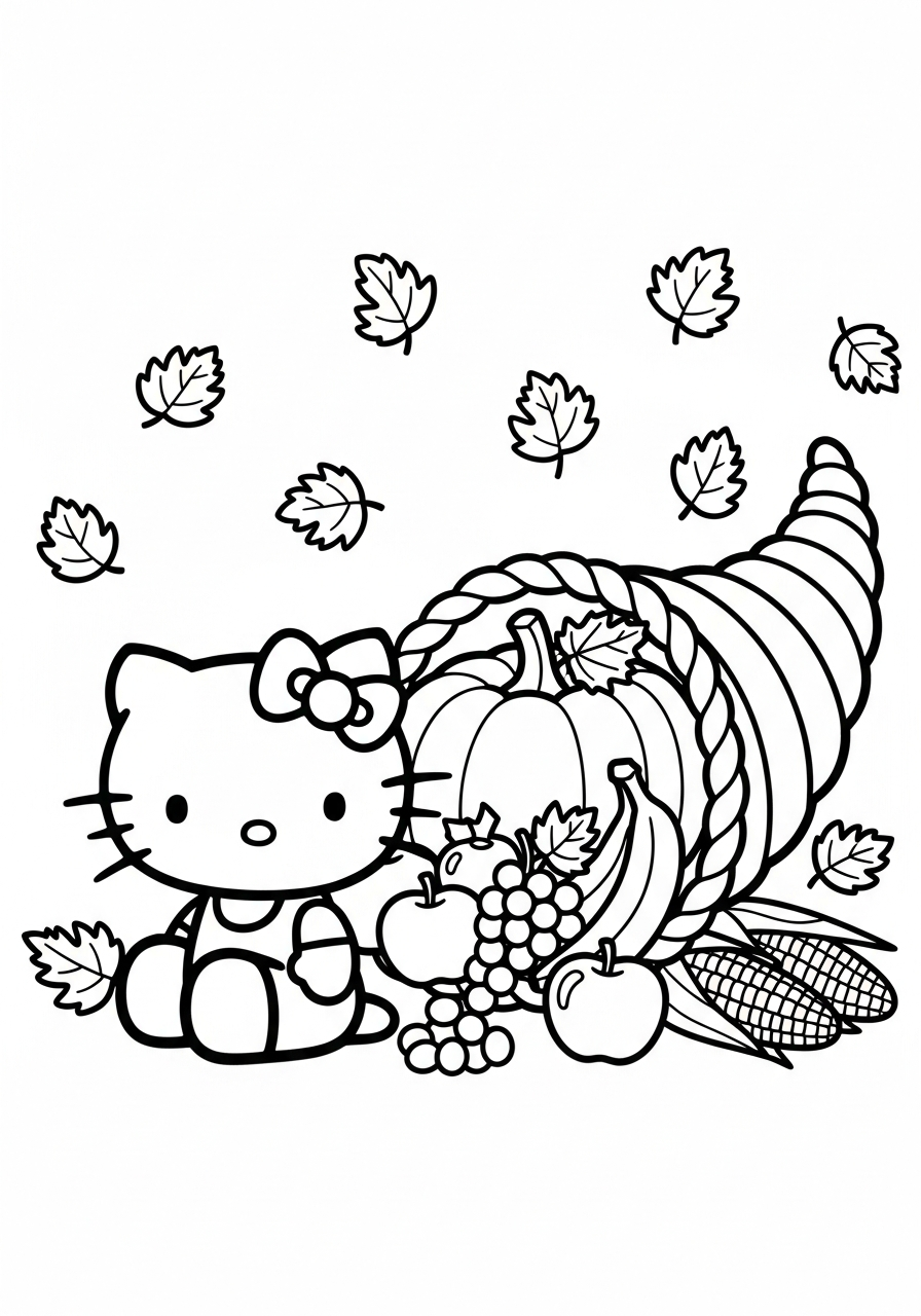 Hello Kitty beside a harvest cornucopia coloring page