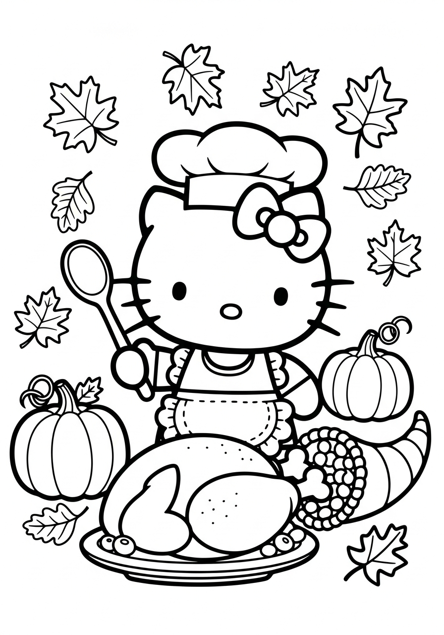 Hello Kitty chef with cooking apron coloring page