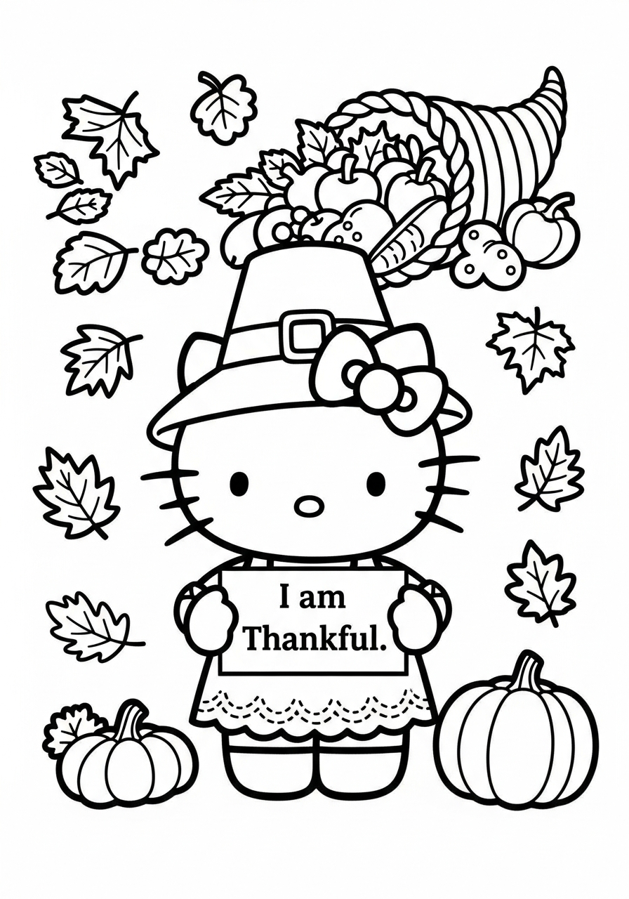 Hello Kitty holding I am Thankful coloring page