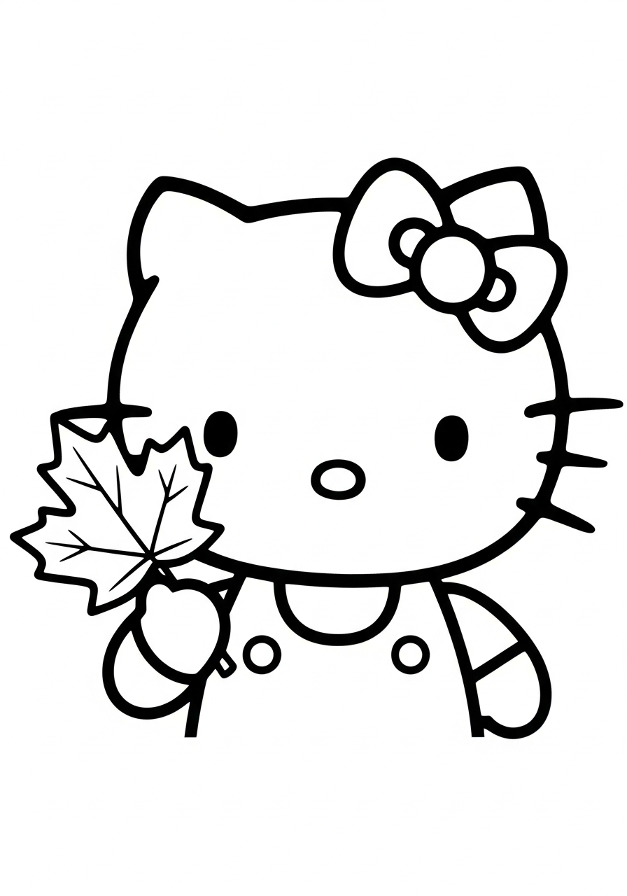Hello Kitty holding a maple leaf coloring page
