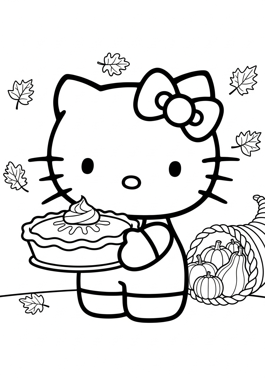 Hello Kitty holding a pumpkin pie coloring page