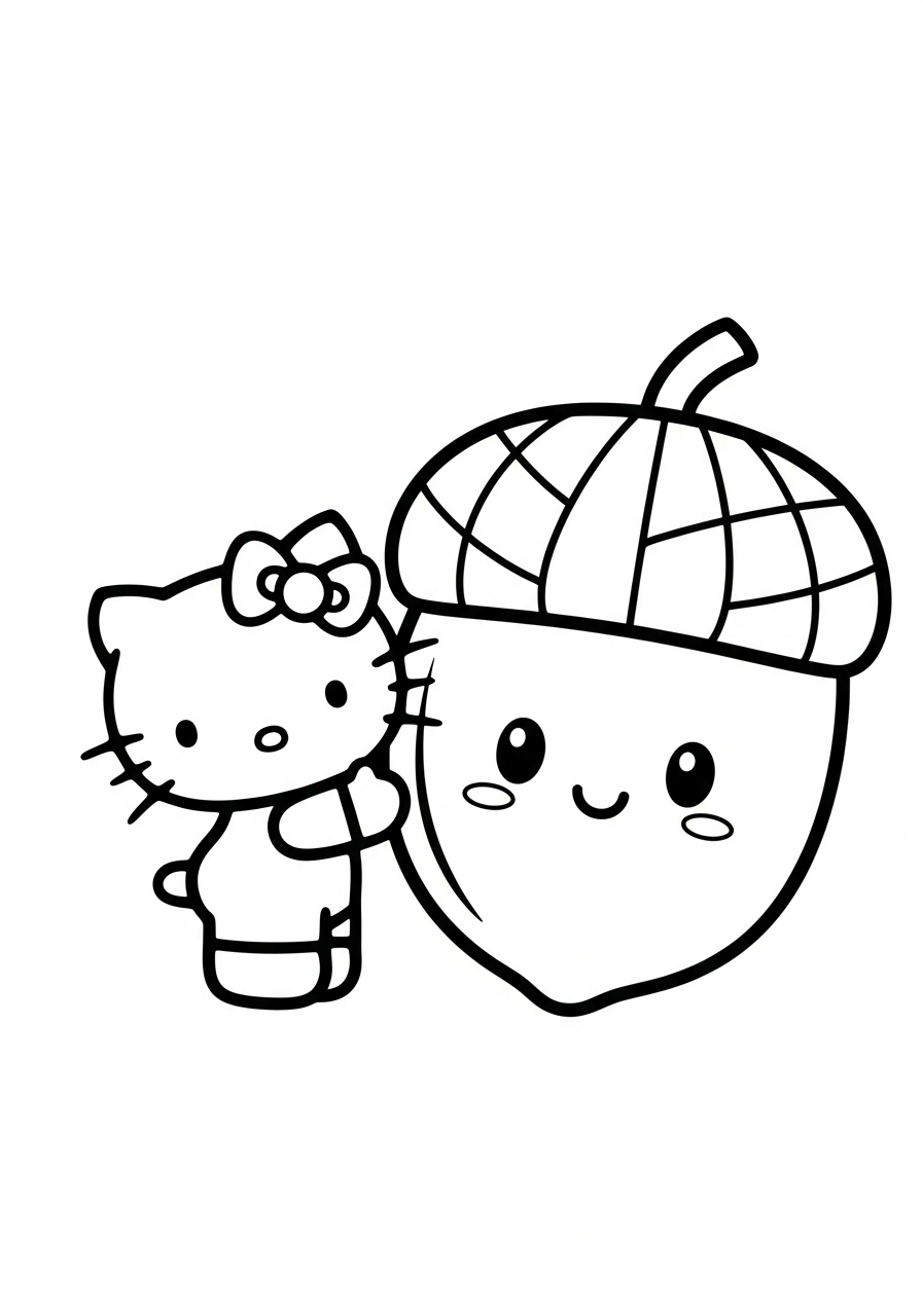 Hello Kitty hugging a giant acorn coloring page