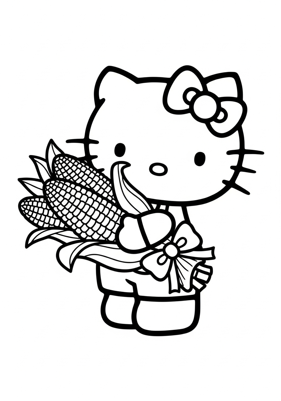 Hello Kitty hugging three corn ears coloring page