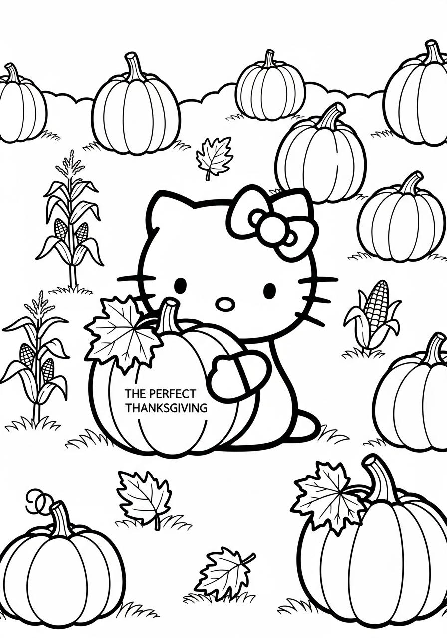 Hello Kitty in pumpkin patch coloring page