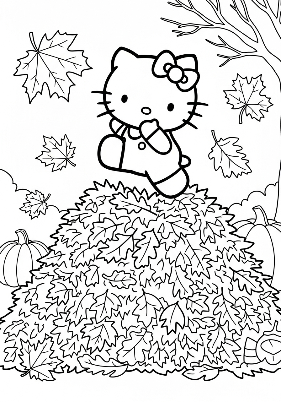 Hello Kitty jumping in autumn leaves coloring page