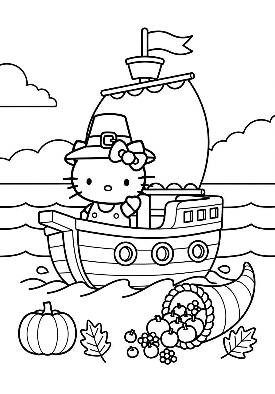 Hello Kitty on Mayflower ship coloring page